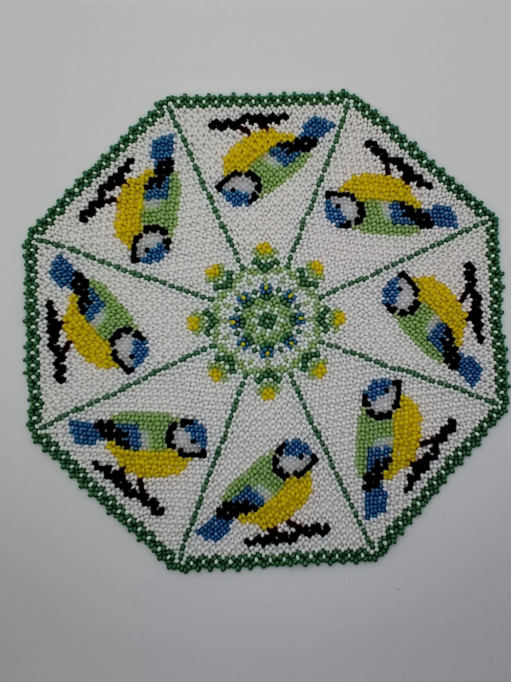 Handmade Beaded Bird Doily in Yellow, Green & Blue